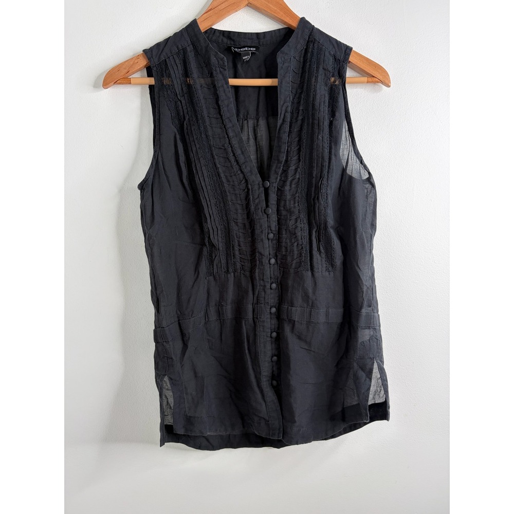 Bebe Blouse Top Womens XS Black Lace Pintuck Sleeveless Button Whimsigoth Y2K